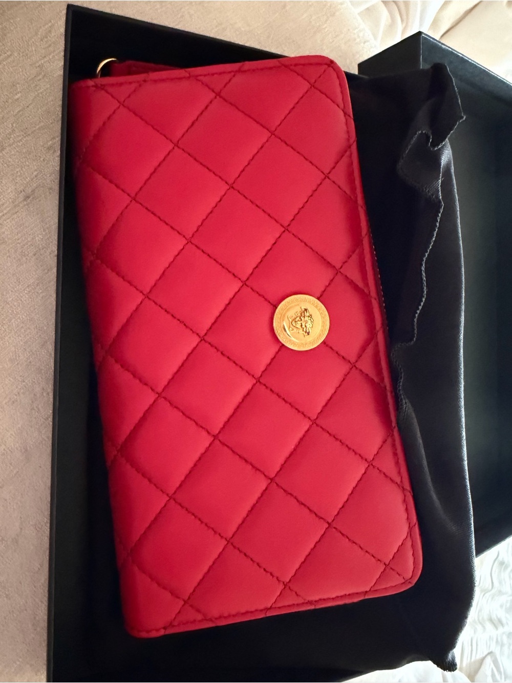 Versace Quilted Red Clutch with Gold Medallion